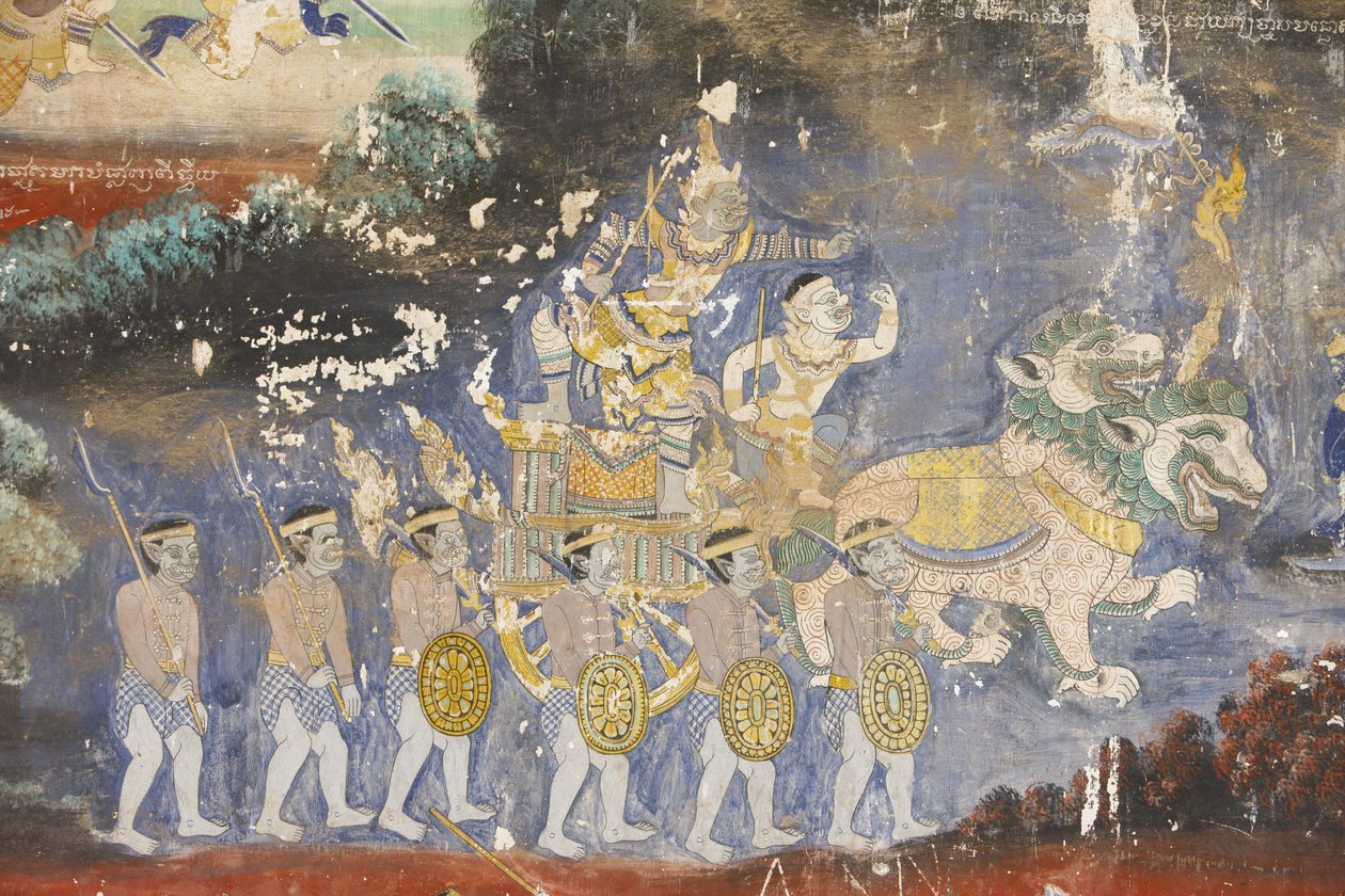 Sylver Pagoda Denna väggmålning visar scener från Reamker som är den kambodjanska eller khmeriska versionen av den klassiska hinduiska dikten Ramayana, Phnom Penh, Kambodja av Unbekannt