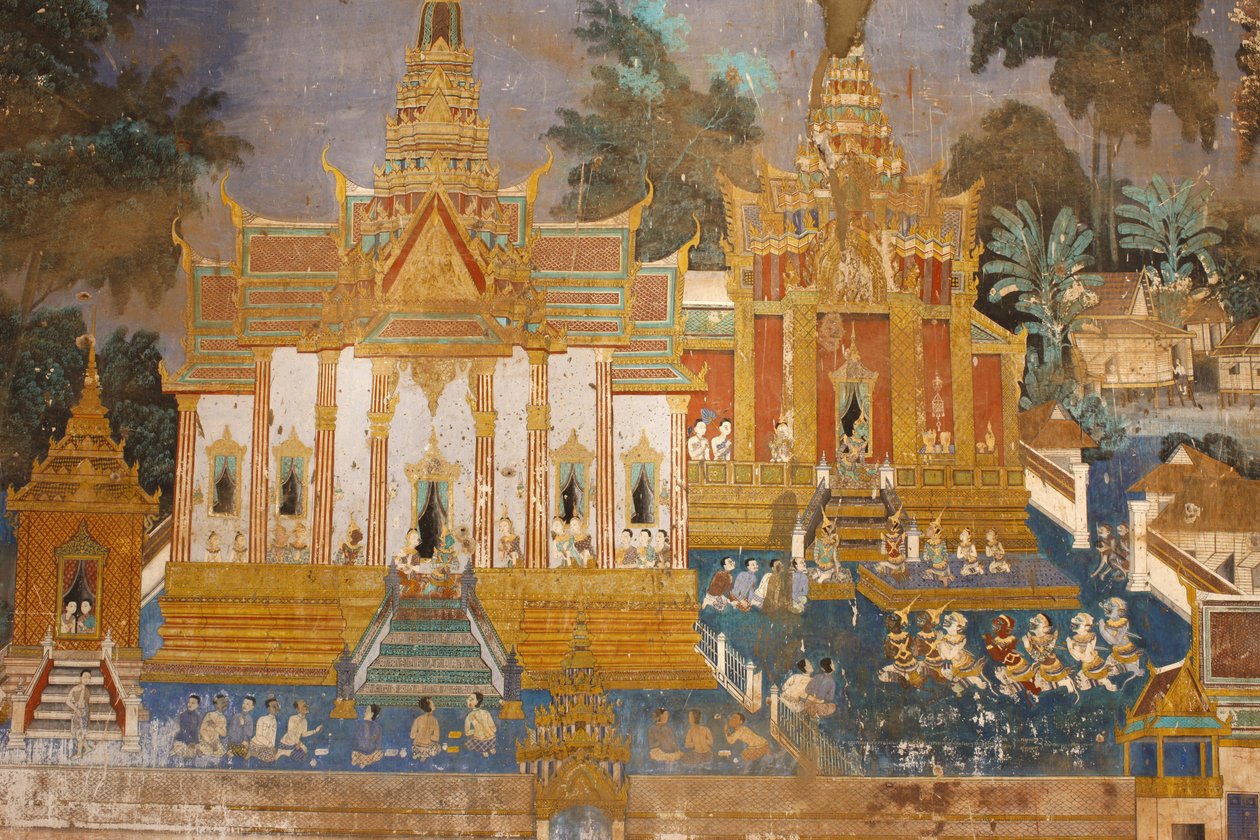 Sylver Pagoda Denna väggmålning visar scener från Reamker som är den kambodjanska eller khmeriska versionen av den klassiska hinduiska dikten Ramayana, Phnom Penh, Kambodja av Unbekannt