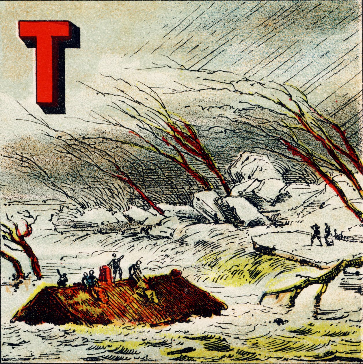 T: Torrent. Det är en mycket snabb ström av vatten som produceras av den branta sluttningen av terrängen - Gravyr extraherad från Geographical Alphabet. Guerin-Muller et Cie, förlag, Paris av Unbekannt