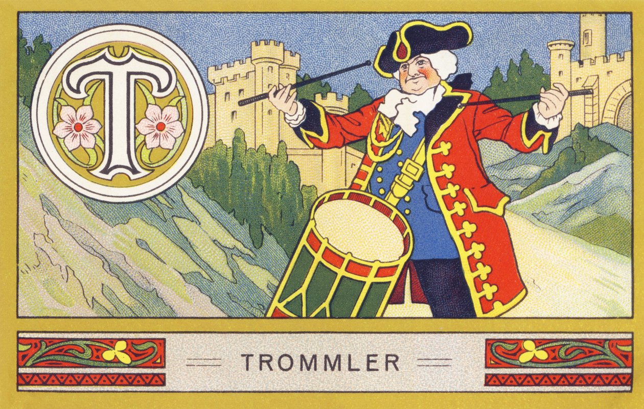 T : Trummis - Alphabet Palmin. Serie av kromolitografier redigerade av H. Schlinck & Cie, Hamburg, sid. d. . Annons för Palmins finaste kokosfett. Mått: 7 x 11 cm av William M. Timlin