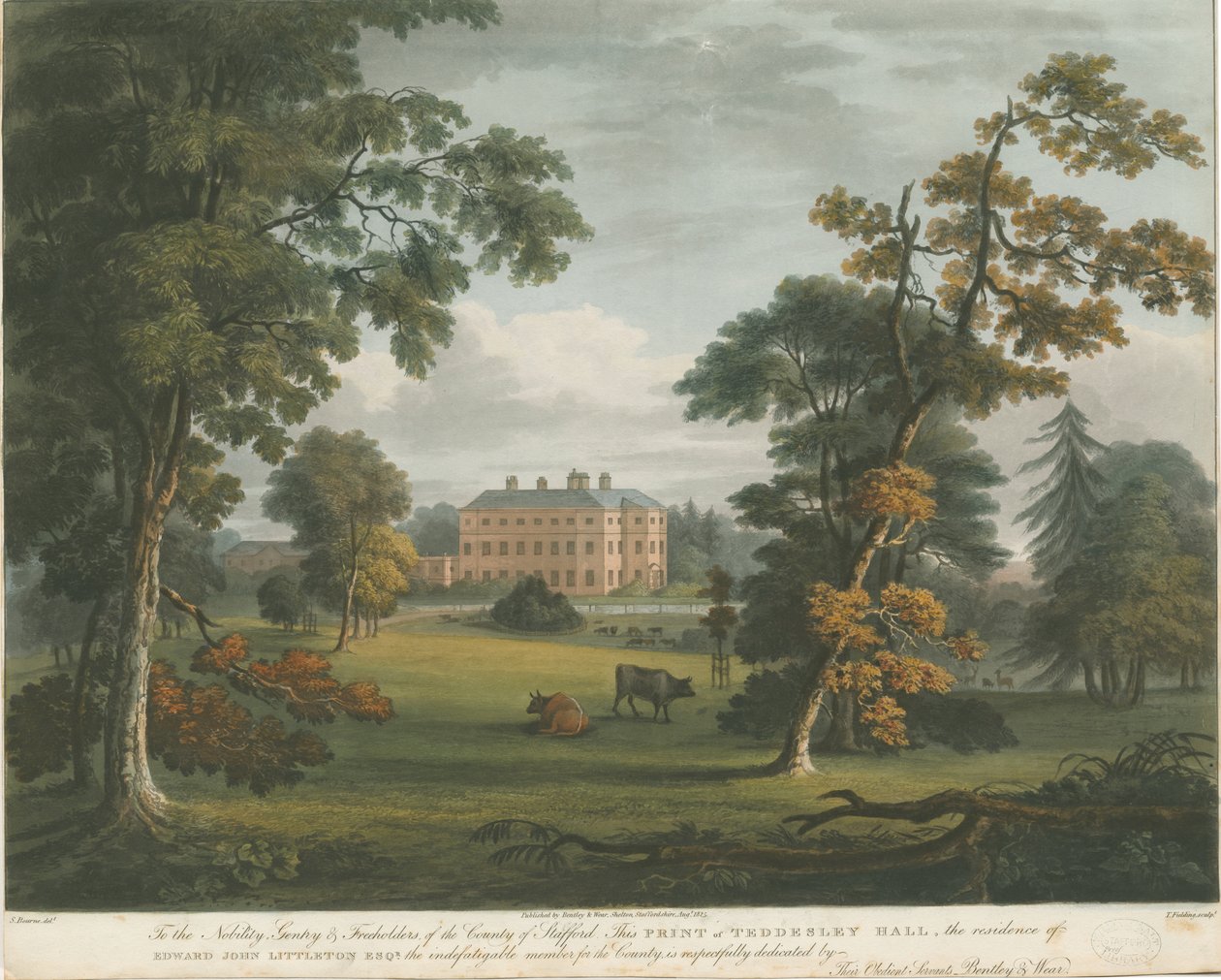 Teddesley Hall: färgad akvatintgravyr, nd [c 1825] av Unbekannt