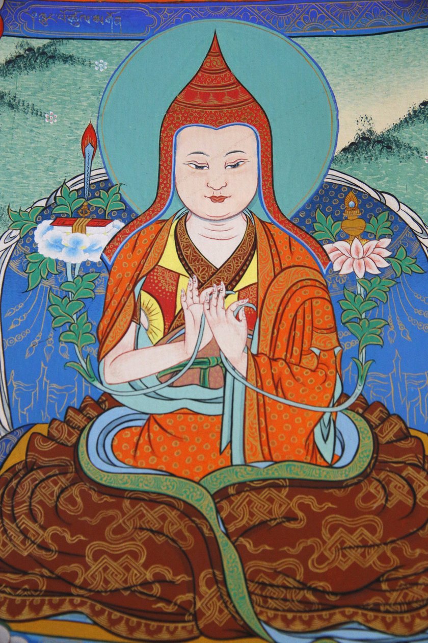 De tusen Buddhas tempel Dashang Kagyu Ling församling Jamgon Kongtrul Lodroe Thaye Monk ber, La Boulaye, Frankrike av Unbekannt