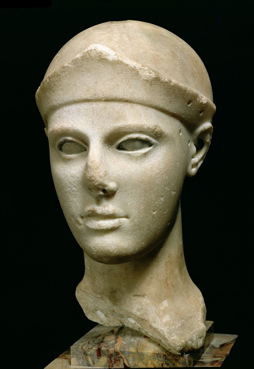 Athena från Aegina, bär hjälm, huvudet av en staty, grekiska, Aeginetan, c.460 f.Kr. (marmor) av Unbekannt