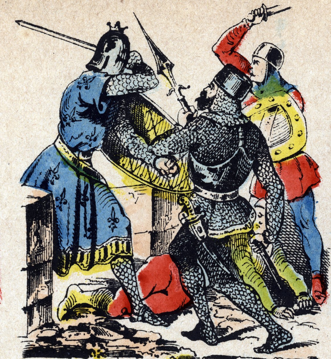 Slaget vid Taillebourg mellan Frankrikes kung Ludvig IX och hans bror greven av Poitiers Alphonse mot sina vasallrevolters vapen, Henrik III av England och Hugues X av Lusignan. Epinal-bild från 1800-talet (gravyr) av Unbekannter Künstler