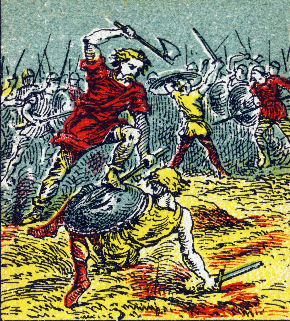 Slaget vid Vouille där Clovis I besegrade visigoterna 507. Gravyr i "Histoire de France". Serie reklambilder publicerade på uppdrag av Louit, 24 rue d