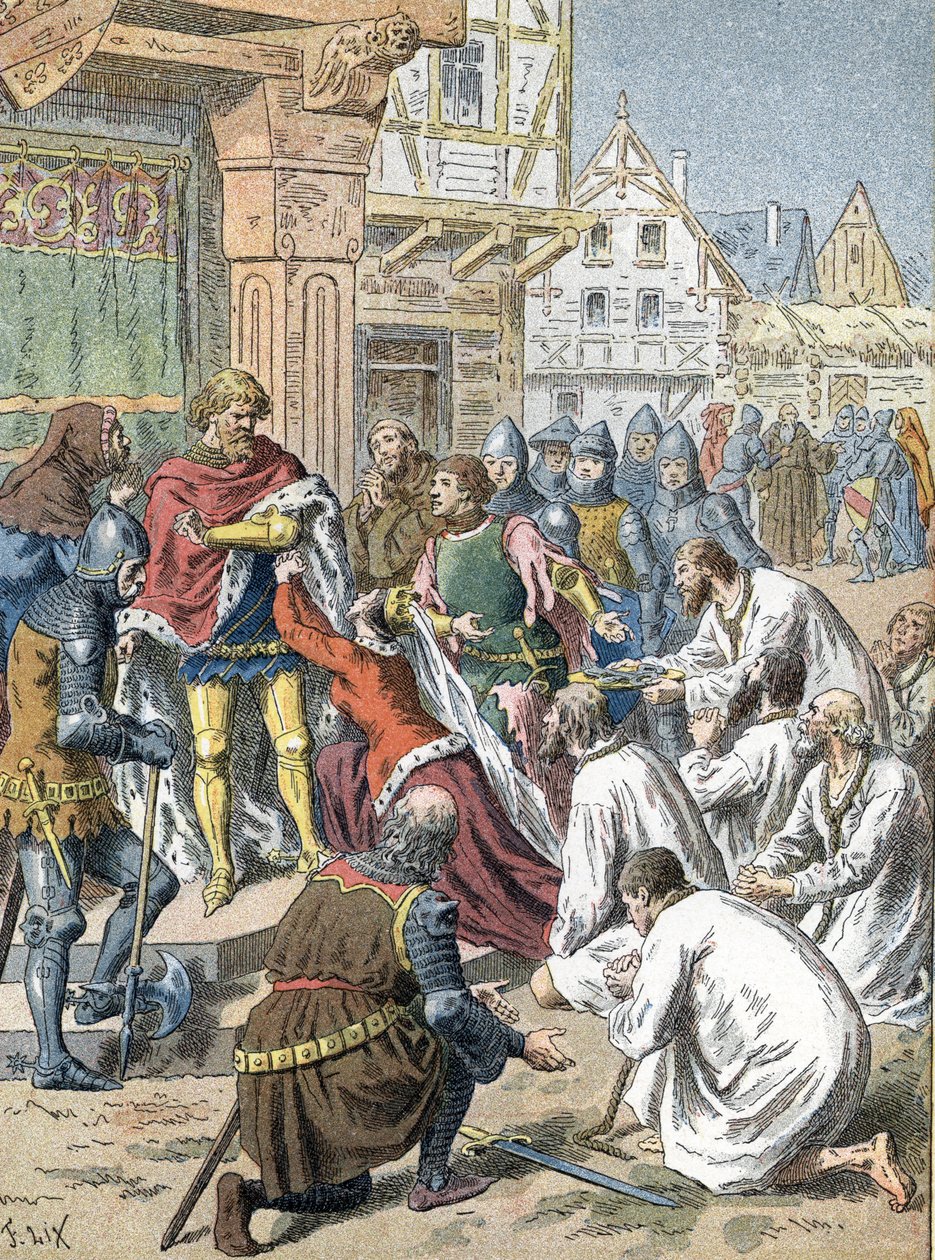 Borgerskapet i Calais, under ledning av Eustache de Saint-Pierre, erbjuder sig själva som gisslan åt Edward III av Unbekannter Künstler