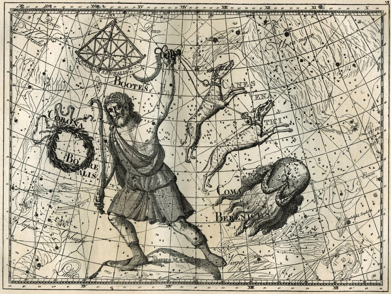 Bower, Boreal Crown, jakthundarna, Berenices hår. Gravyr från Camille Flammarions "The Stars and Other Curiosities of the Sky" av Unbekannt