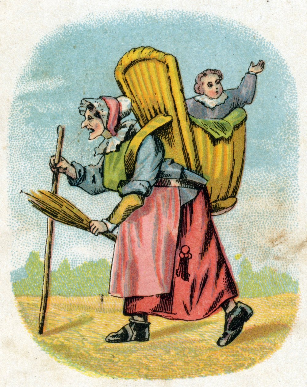 Pojkvännens mamma. Gammal kvinna skolhållerska med skolpojke bärväska. Gravyr i "Alphabet des petits ecoliers". Avbildning av Epinal, cirka 1885. Privee Collection av Unbekannt