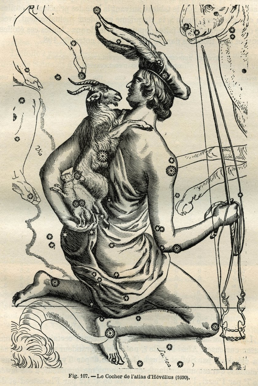 Coach of the Atlas of Hevelius (1690): Konstellationen Coach, som i höger hand håller en piska och renes och på vänster arm Chevre och två chevrals, är en av de äldsta i den grekiska sfären. Gravyr från Camille Flammarions ”Les ét av Unbekannt