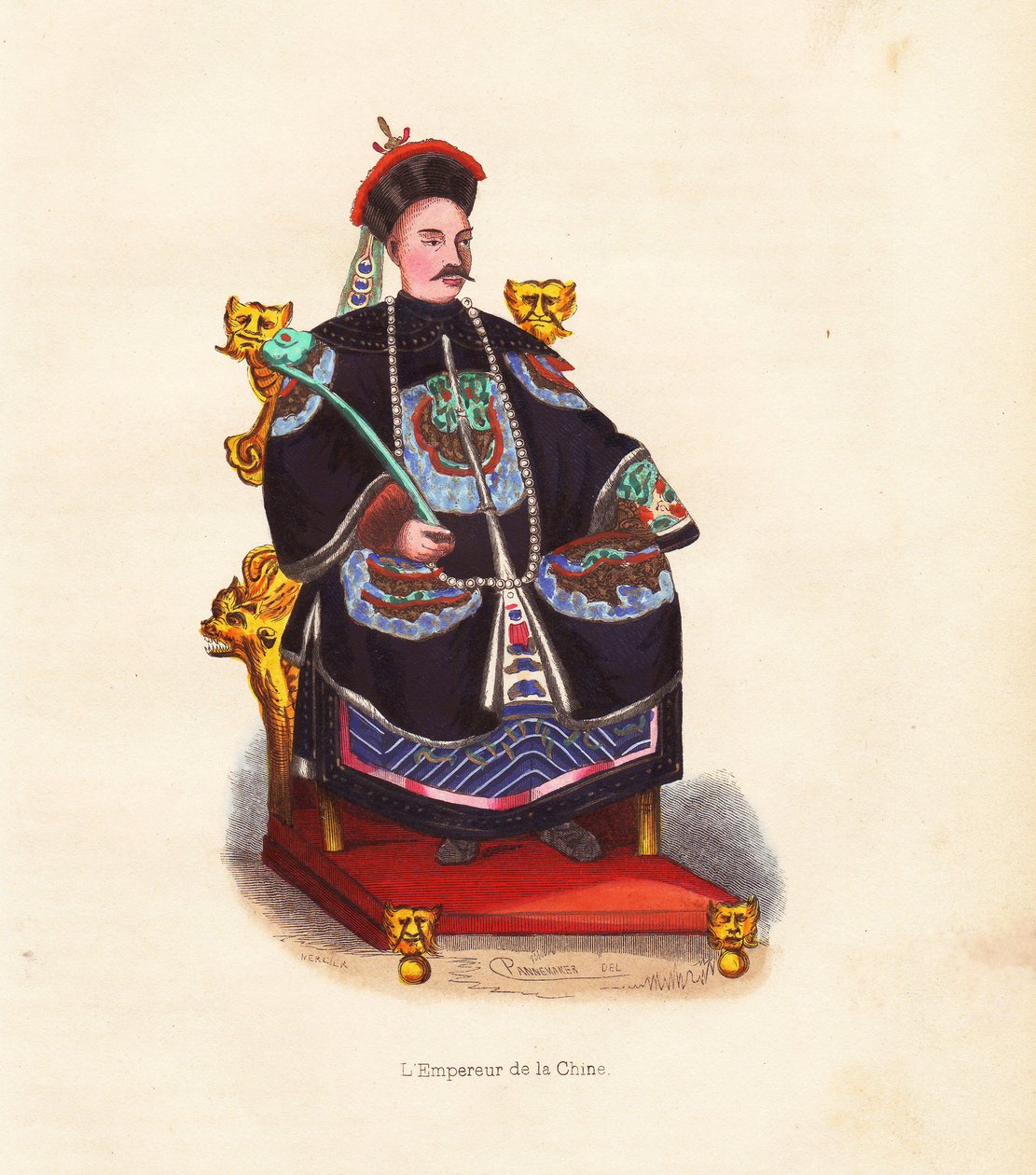 Kejsaren av Kina i broderad dräkt och hatt med påfågelfjäder sittande på sin tron. Handkolorerat träsnitt av Mercier efter en illustration av Pannemaker från Auguste Wahlens "Mores, Uses et Costumes de tous les Peuples du Monde", Librairie Hist av Unbekannter Künstler