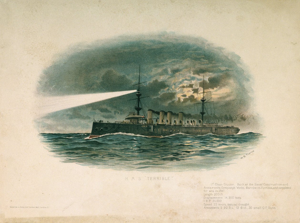 HMS "Terrible", en förstaklasskryssare, byggd av Barrow in Furness Shipbuilding and Arms Company 1897. Kromolitografi i slutet av 1800-talet, av W.S. Tomkin (). av Unbekannter Künstler