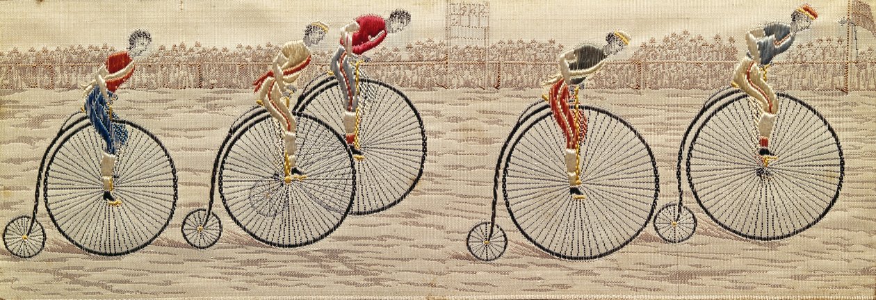 The Last Lap, Penny Farthing Race vävt silke Stevengraph, av Thomas Stevens från Coventry av Unbekannter Künstler