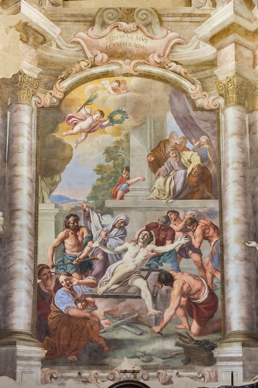 The Martyrdom of St Lawrence, Teatini Room, Church of San Vincenzo, Piacenza, Emilia-Romagna, Italien (foto) av Unbekannter Künstler