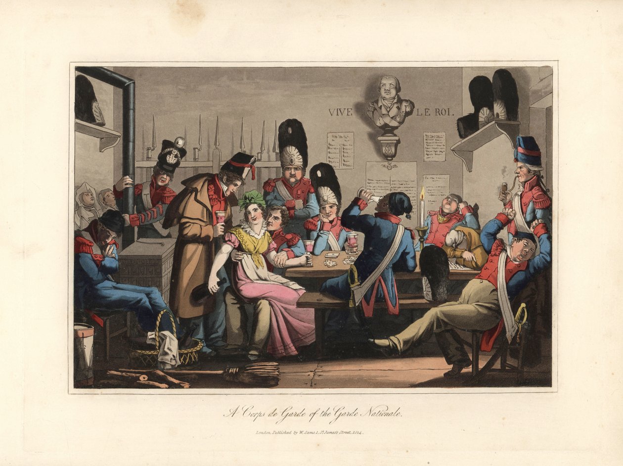 Nationalgardet i gardet, dricker med cantiniere, spritlangare och spelar kort, röker pipa, några sover - Eau forte efter en illustration av Victor Auver, från Un tour through Paris, utgiven av William Sams av Unbekannter Künstler