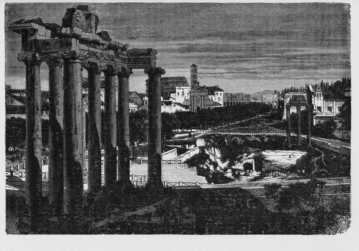 Forum Romanum omgivet av ruinerna av flera viktiga gamla regeringsbyggnader i centrum av staden Rom. Medborgare i den antika staden kallade detta utrymme, ursprungligen en marknadsplats, som Forum Magnum, eller helt enkelt Forum. av Unbekannt