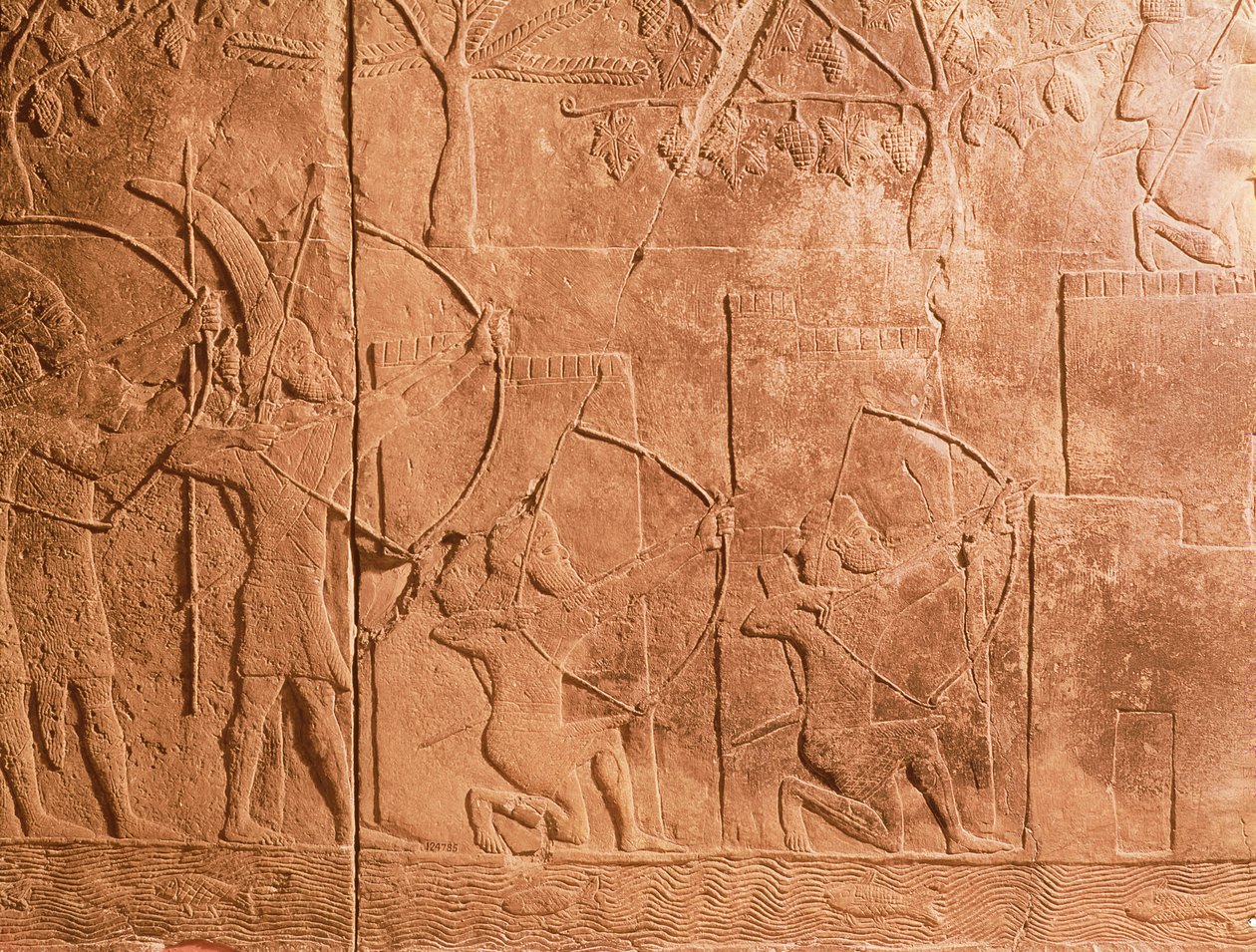 Belägringen av Alammu av Sanheribs armé (704-681 f.Kr.) detalj från en panel från sydvästra palatset i Nineve, ca 700 f.Kr. (gips) (se även 85704) av Unbekannt
