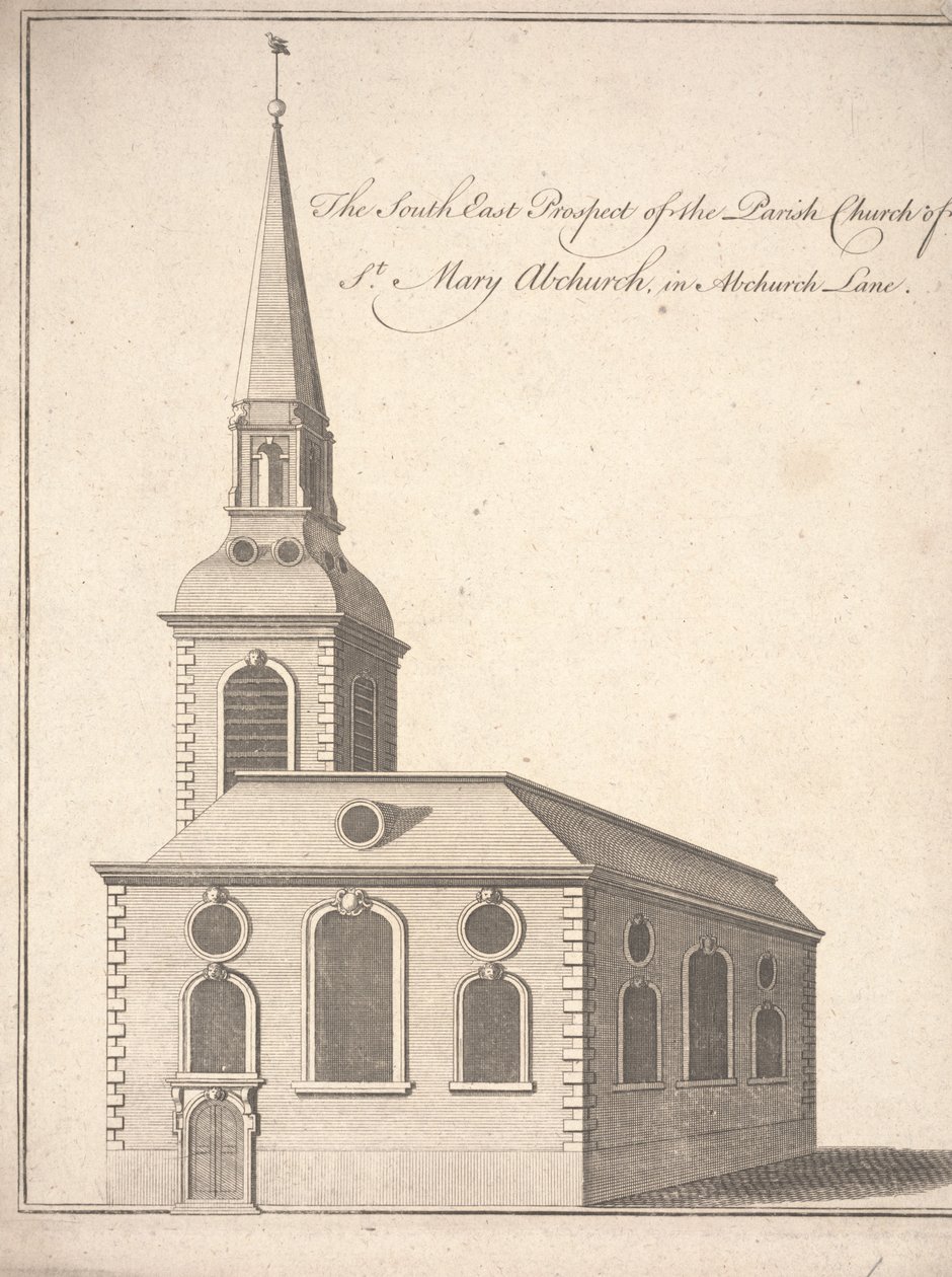 South East Prospect of the Parish Church of St. Mary Abchurch, i Abchurch Lane, c.1740 (gravyr) av Unbekannter Künstler