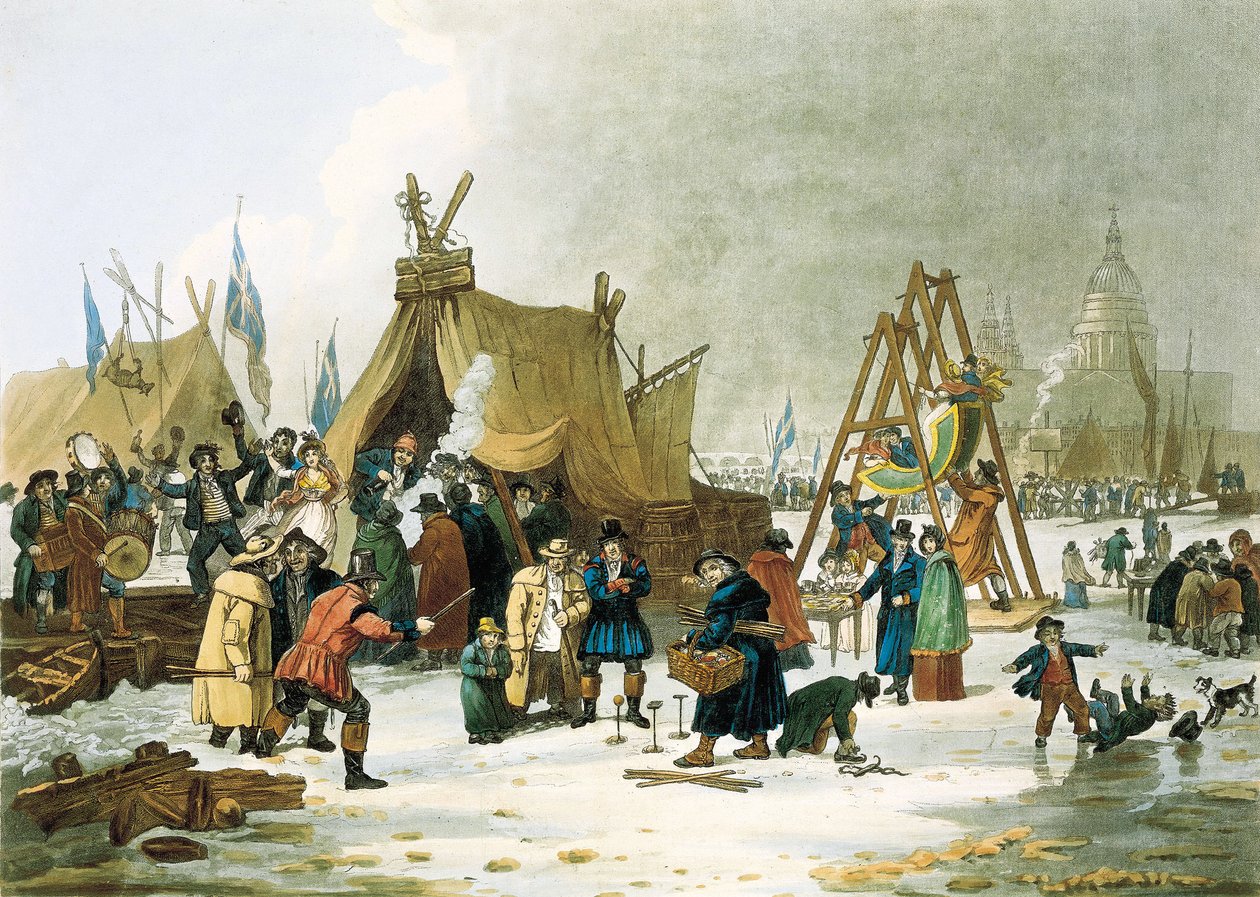 Themsen frös under vintern 1813-1814, före rivningen av den gamla London Bridge 1831 frös Themsen under mycket kalla vintrar, och Londonborna tog tillfället i akt att anlägga lekplatser för barn, improviserade isbanor och satte upp tio av Unbekannter Künstler