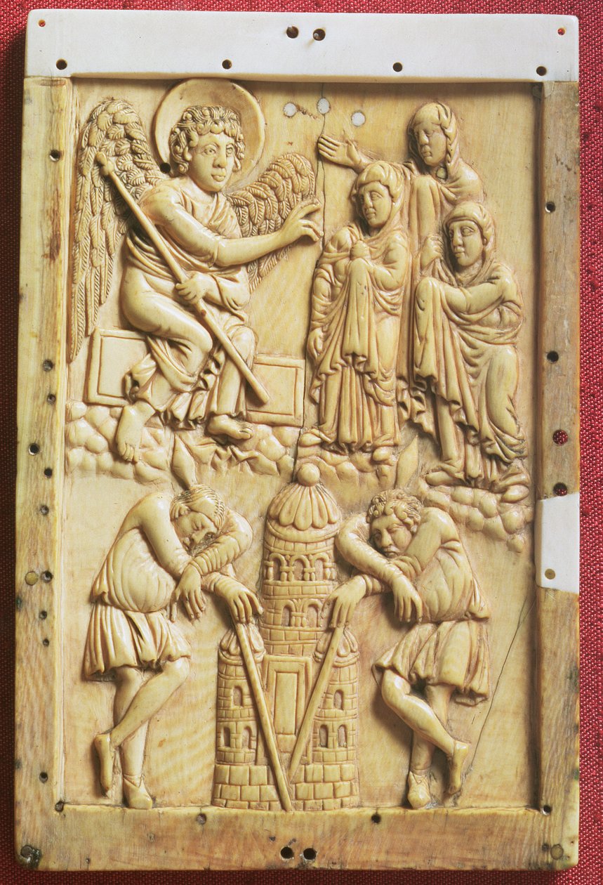 The Three Maries at the Tomb, snidad plakett, School of Palace of Charlemagne, franska (elfenben) av Unbekannt