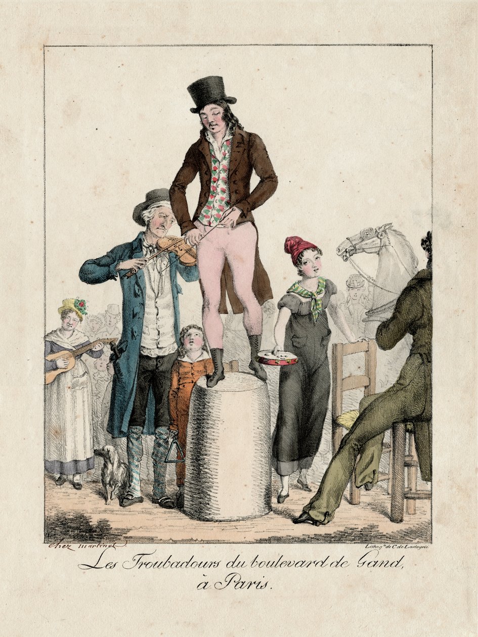 Trubadurerna på Boulevard de Gand, Paris, ca 1820 (gravyr) av Unbekannter Künstler