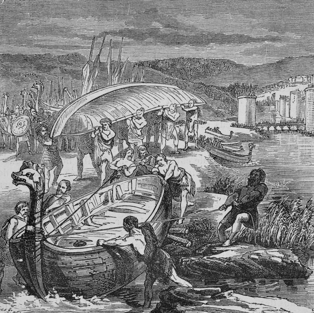 Vikingarna var tvungna att dra upp sina båtar ur vattnet och transportera dem för att komma runt vadslagningen (gravyr) av Unbekannter Künstler