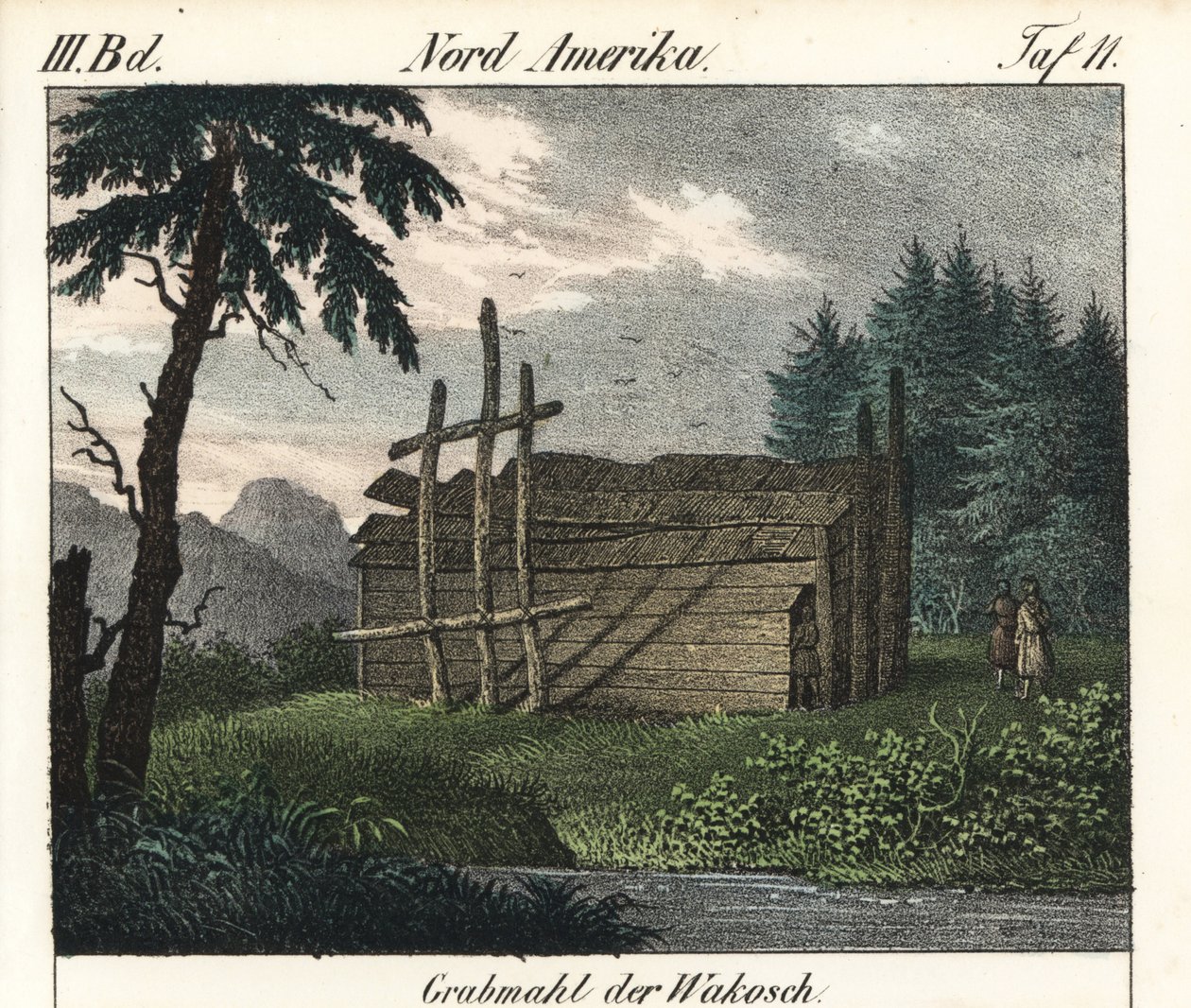 Wakashan-indianernas trägrav (Kanada). Litografi för boken: "Galerie complete en tableaux fideles des peuples d