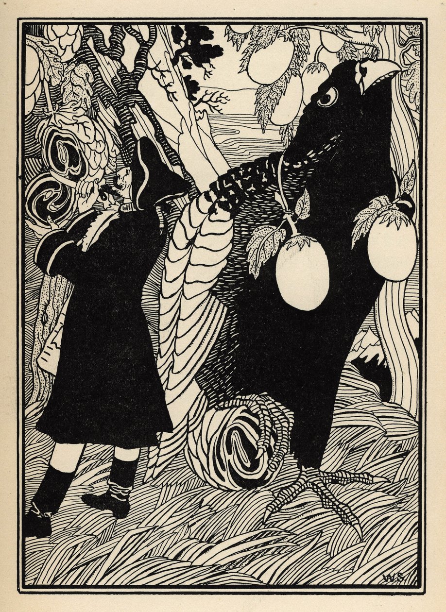 Baronen upptäcker de stora fåglarna och rotisna på träden i USA. Illustration av William Strang (1859-1921) och JB Clark från "The Adventures of the Baron of Munchausen (Munchhausen) av Rudolf Erich Raspe (1736-1794) (1789) av Unbekannter Künstler