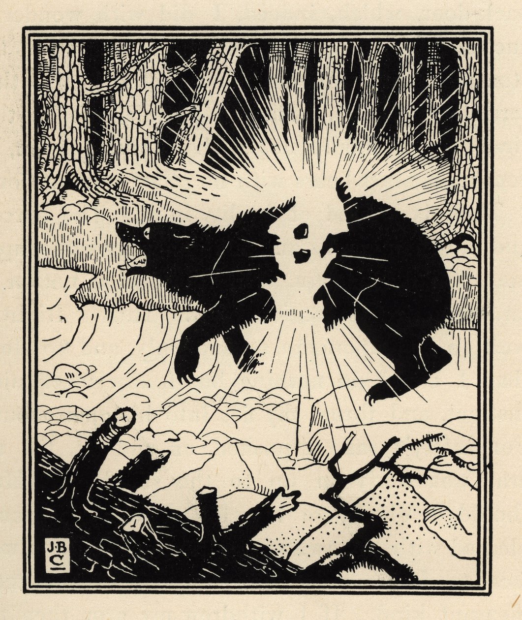 Baronen exploderar en svart björn med två flintor. Illustration av William Strang (1859-1921) och JB Clark från "The Adventures of the Baron of Munchausen (Munchhausen) av Rudolf Erich Raspe (1736-1794) (1789) av Unbekannt