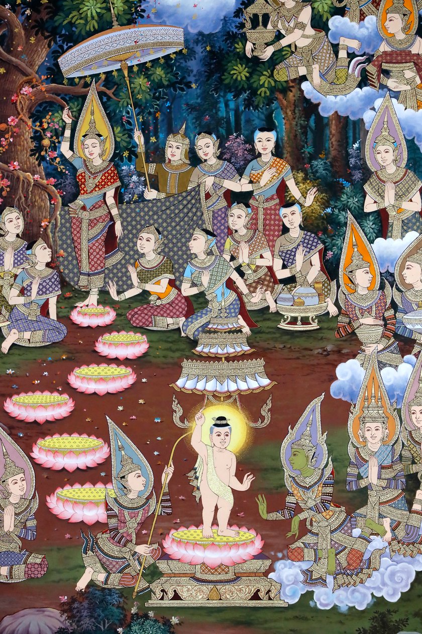 Födelsen av spädbarnet Siddhartha, väggfresk, Wat Maniratanaram-klostret, Phnom Penh, 2022 (foto) av Unbekannter Künstler