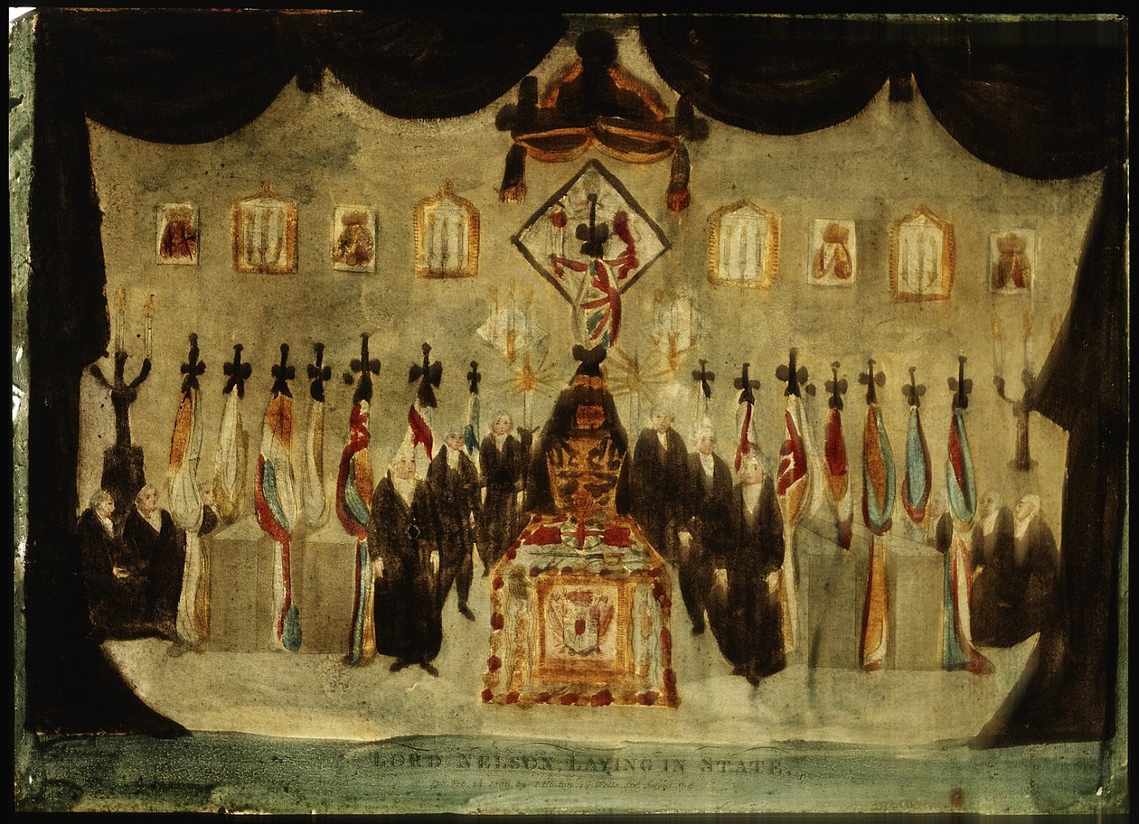Horatio Nelsons (1758-1805) kropp vilar i den målade salen på f.d. Royal Naval College i Greenwich under begravningen på den tredje dagen avlägsnas det svarta lakanet som täcker kistan, och svartklädda vakter står på vardera sidan om kistan av Unbekannter Künstler