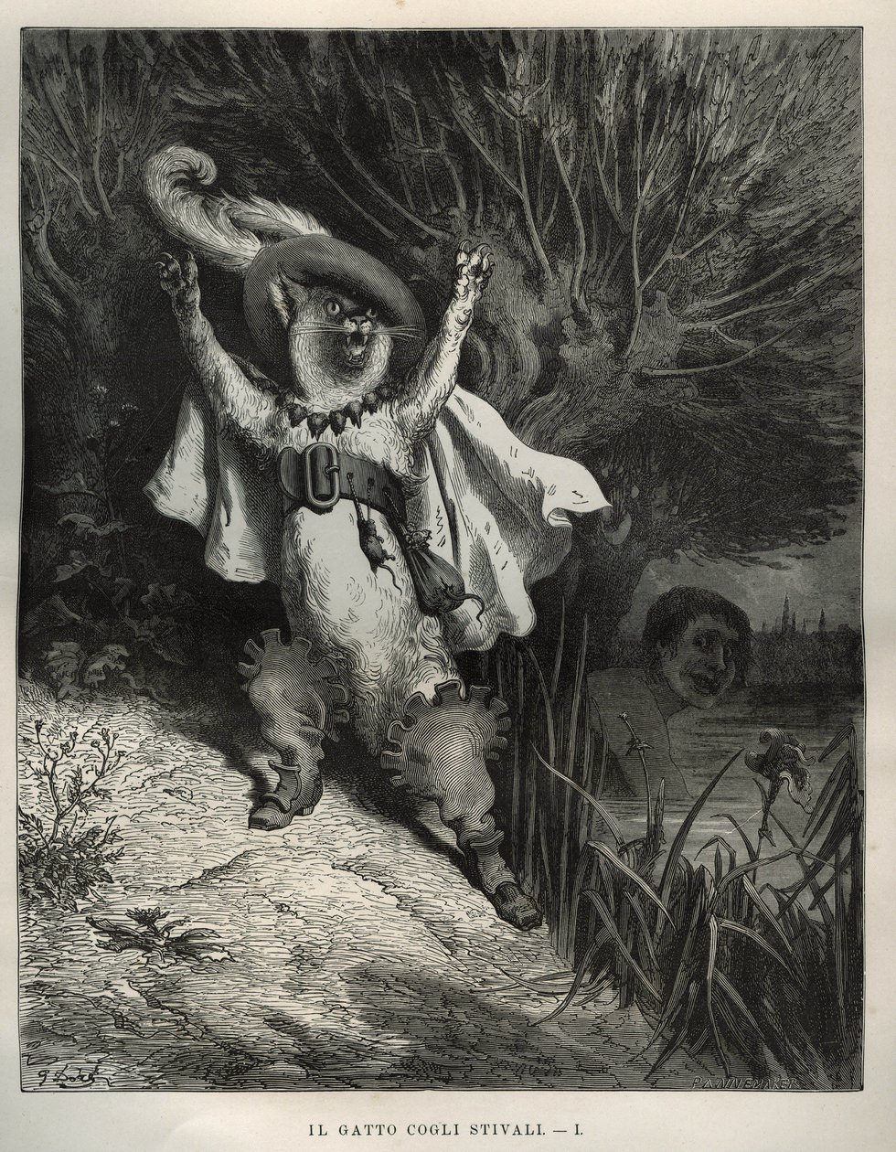 Stövelkatten ropar på hjälp. Gravyr av Gustave Dore (1832-1883) från "" Les contes"" av Charles Perrault (1628-1703) av Unbekannt