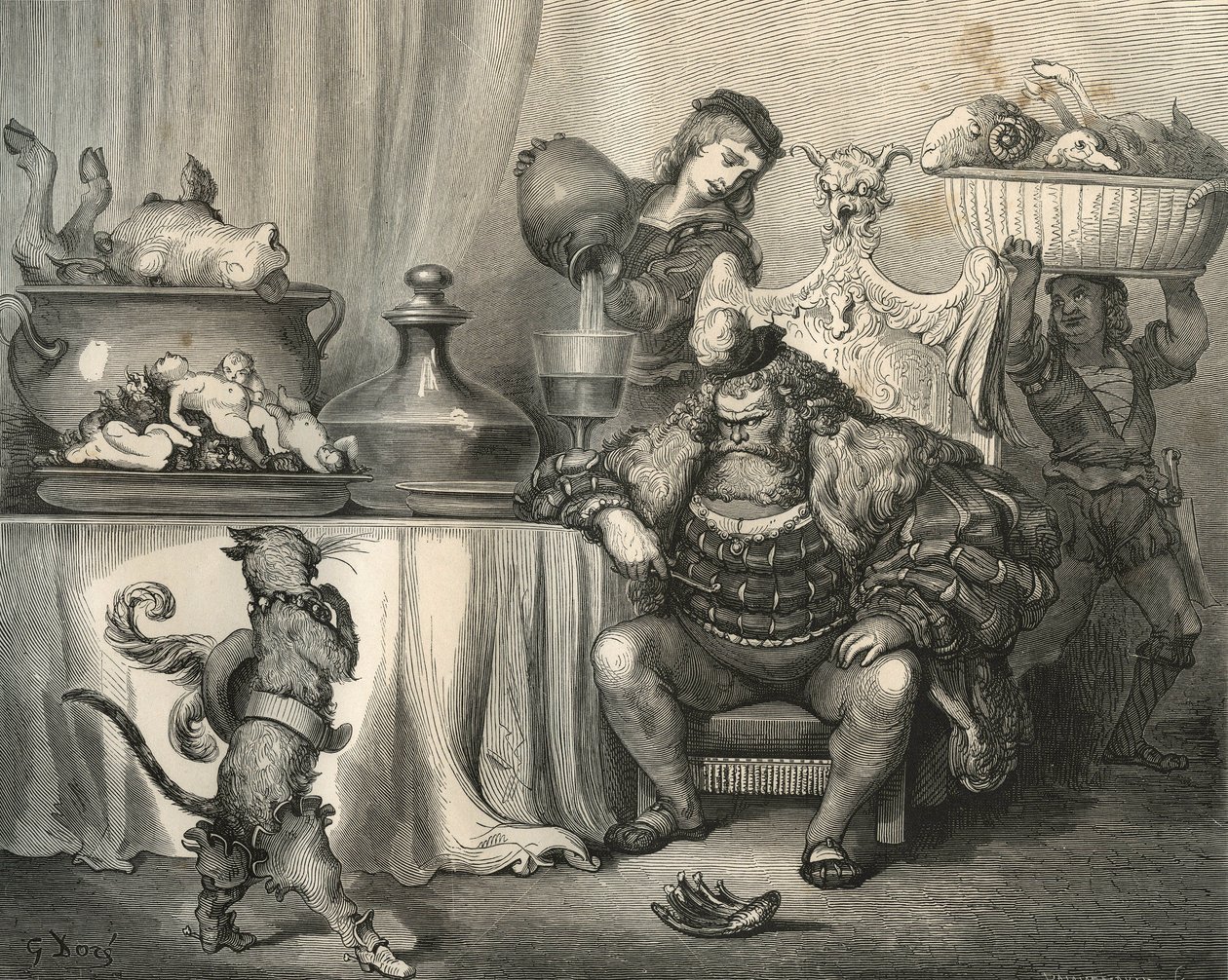 Stövelkatten möter Ogre. Gravyr av Gustave Dore (1832-1883) från "" Les contes"" av Charles Perrault (1628-1703) av Unbekannt