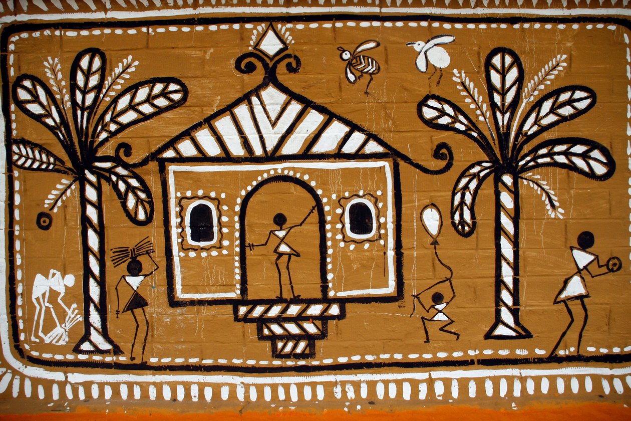 Gränsväggen för Fine Art Institute vid Dhaka University, målad av studenterna, före Pahela Baishakh. Dhaka, Bangladesh. 13 april 2008. (foto) av Unbekannt