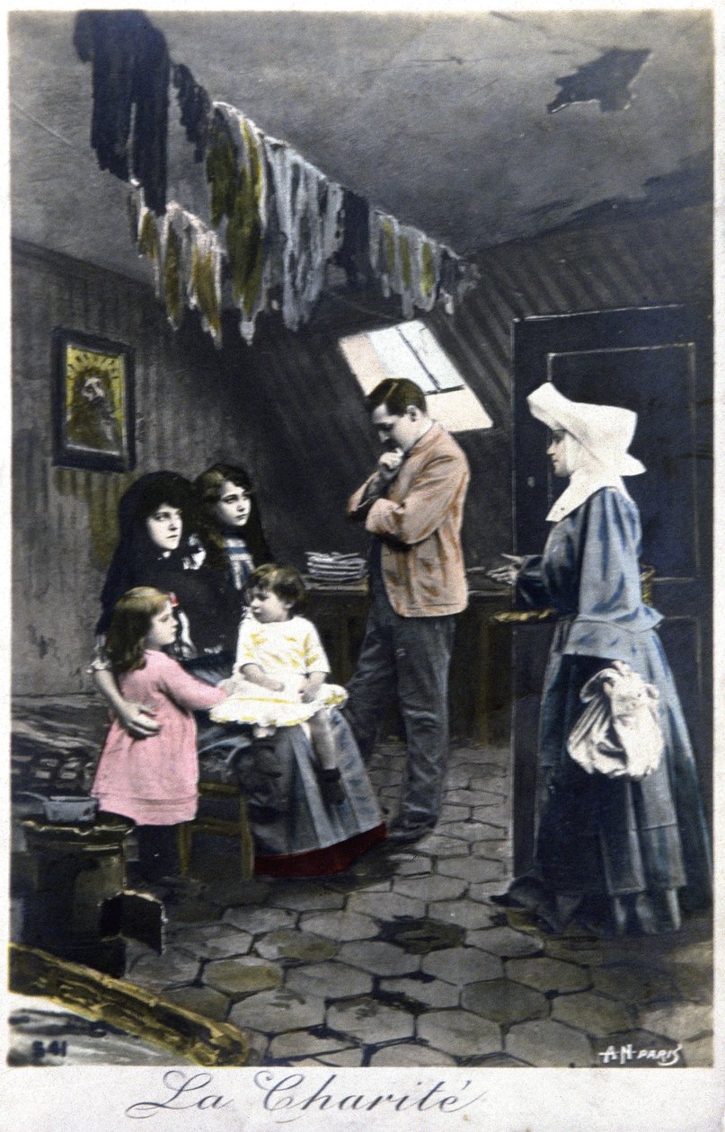Välgörenhet: nunna besöker fattiga människor, ca 1910 (vykort) av Unbekannter Künstler