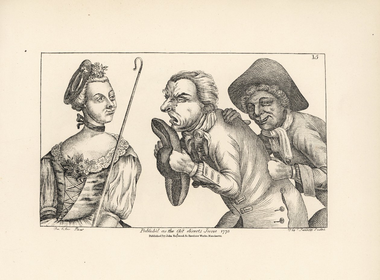 De komiska figurerna Cimon och Mopsus med den vackra Phillida. Från Colley Cibbers komiska opera Damon och Phillida av Unbekannter Künstler