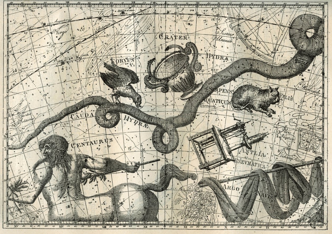 Stjärnbilden Hydra, med en Curbeau som pirrade i den och en balanserande kopp, härstammar från myten om Apollo som hade skickat en kråka med en kopp full med vatten för att offra till Jupiter. Nedanför Hydre, den franske astronomen Lalande (1732-1807) dr av Unbekannter Künstler