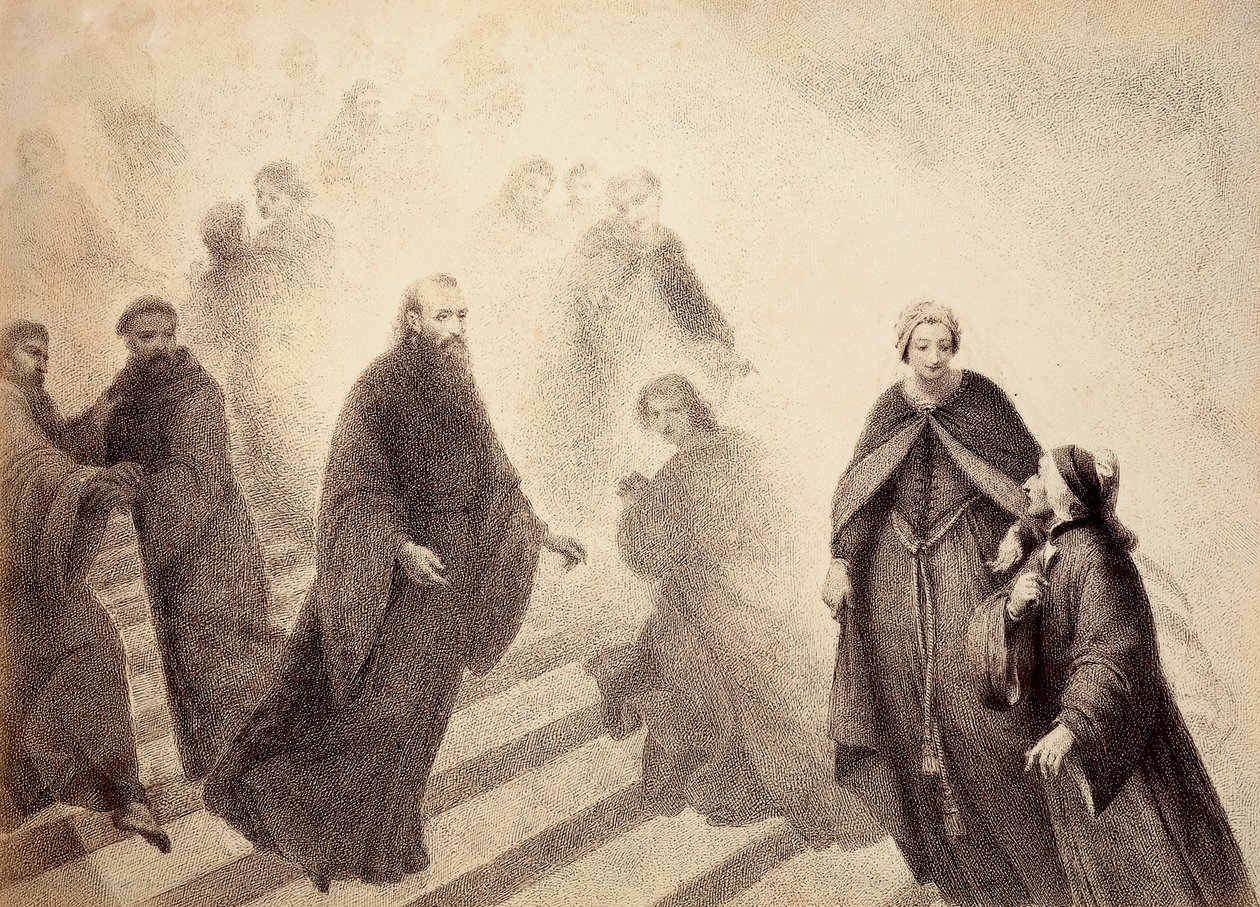 Peter Damianus kontemplativa ande stiger ned från en gyllene stege och rör sig mot Dante. Illustration av Canto XVI i Paradiso i Den gudomliga komedin av Dante Alighieri. Francesco Scaramuzzas verk tillägnat Florens kommun. av Unbekannter Künstler
