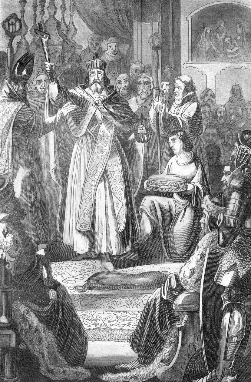 Kröningen av Rodolph I av Habsburg (1218-1291) till romarnas kung den 24 oktober 1273 i katedralen i Aachen Tyskland (Rudolf I av Tyskland krönt i katedralen i Aachen den 24 oktober 1273) Gravyr från "Bilder-Gallerie zur allgem" av Rotteck 1843 Priva av Unbekannter Künstler