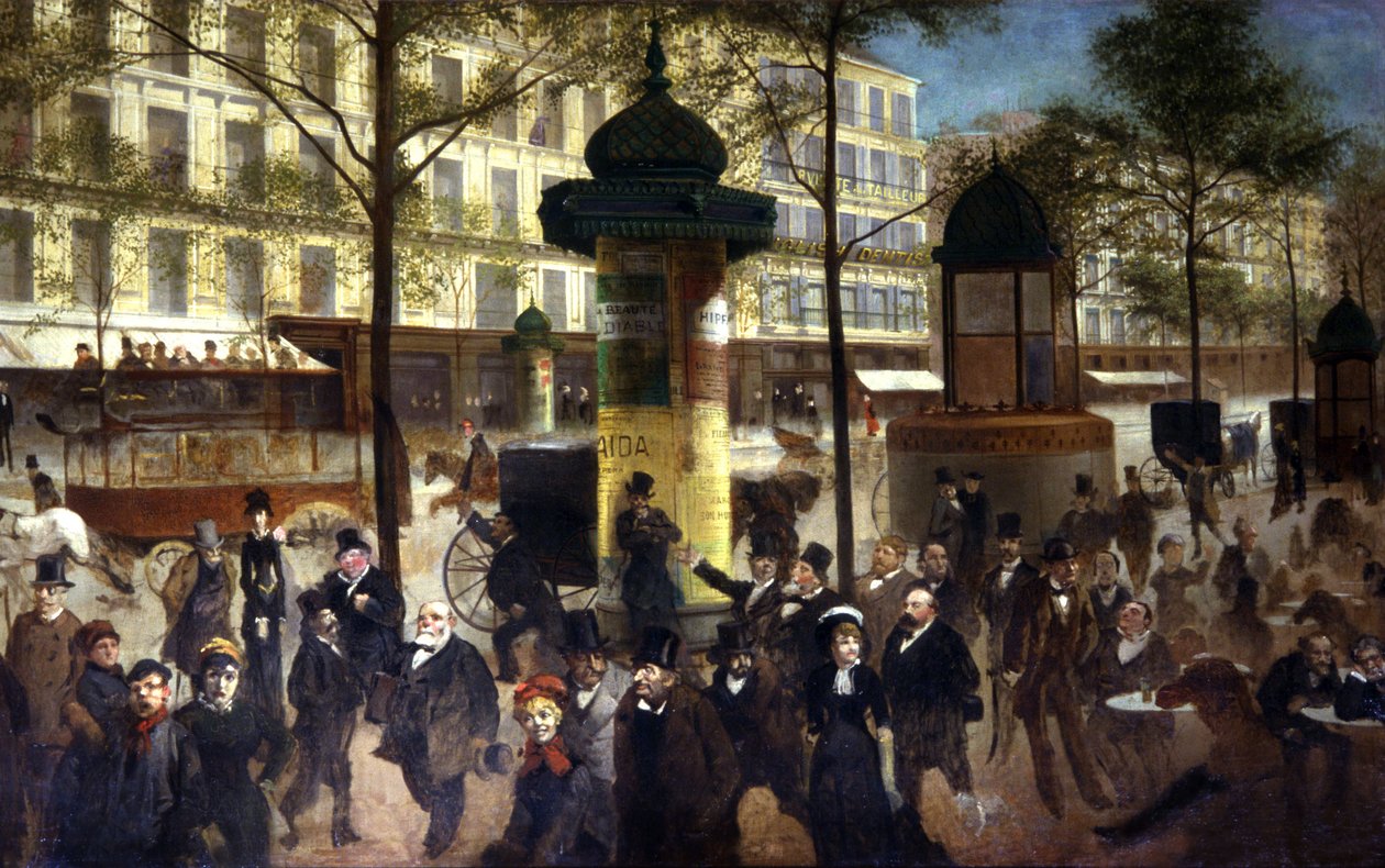 Folkmassan på Italiens boulevard i Paris, ca 1900 (målning) av Unbekannter Künstler