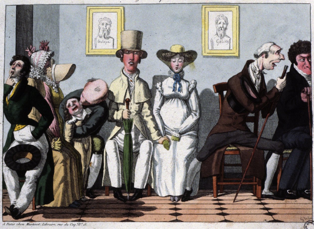 Läkarens väntrum, den gravida kvinnan, ca 1850 (illustration) av Unbekannter Künstler