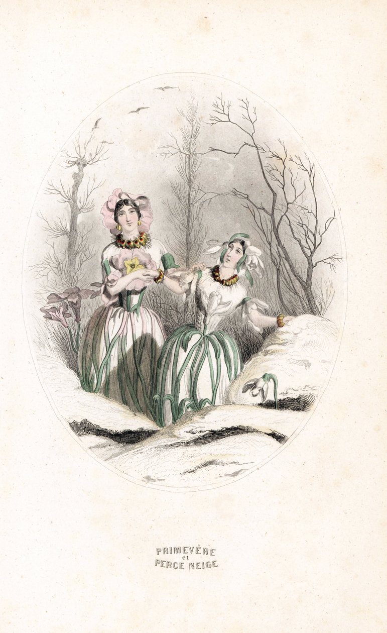 Avgifterna genomborrar snön och primevere i ett snöigt landskap - Eau forte av Charles Geoffroy (1819-1882), efter en illustration av Jean Ignace Isidore Gerard dit J.J.J.Granville (1803-1847), för Les fleurs animees av Unbekannter Künstler