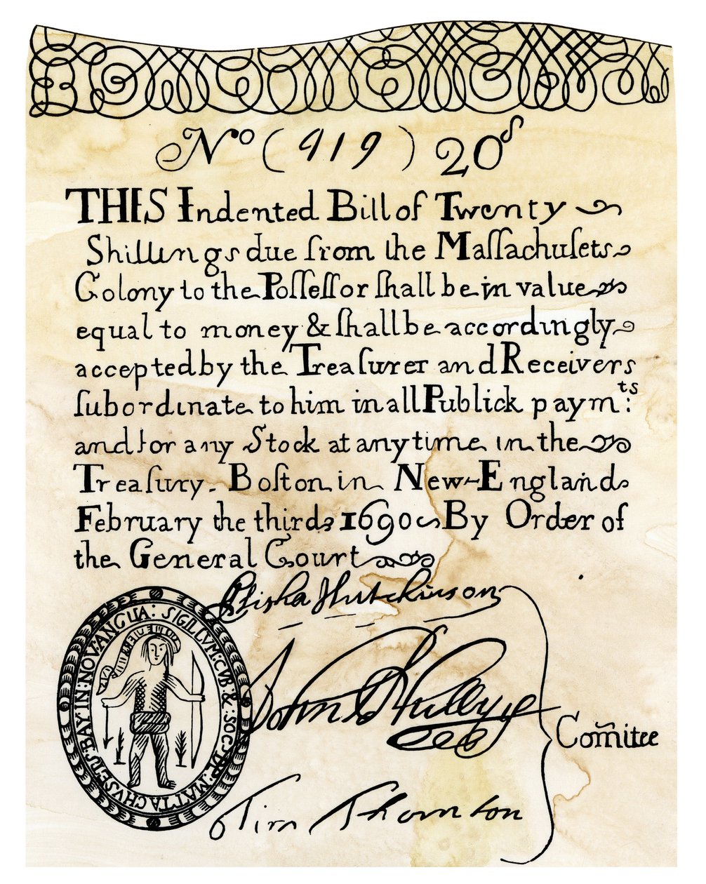 Den första amerikanska papperssedeln (banknoten) på 20 shilling, utfärdad av General Court of the Boston Colony (Massachusett, USA) 1690. Gravyrfärger från 1800-talet. av Unbekannter Künstler