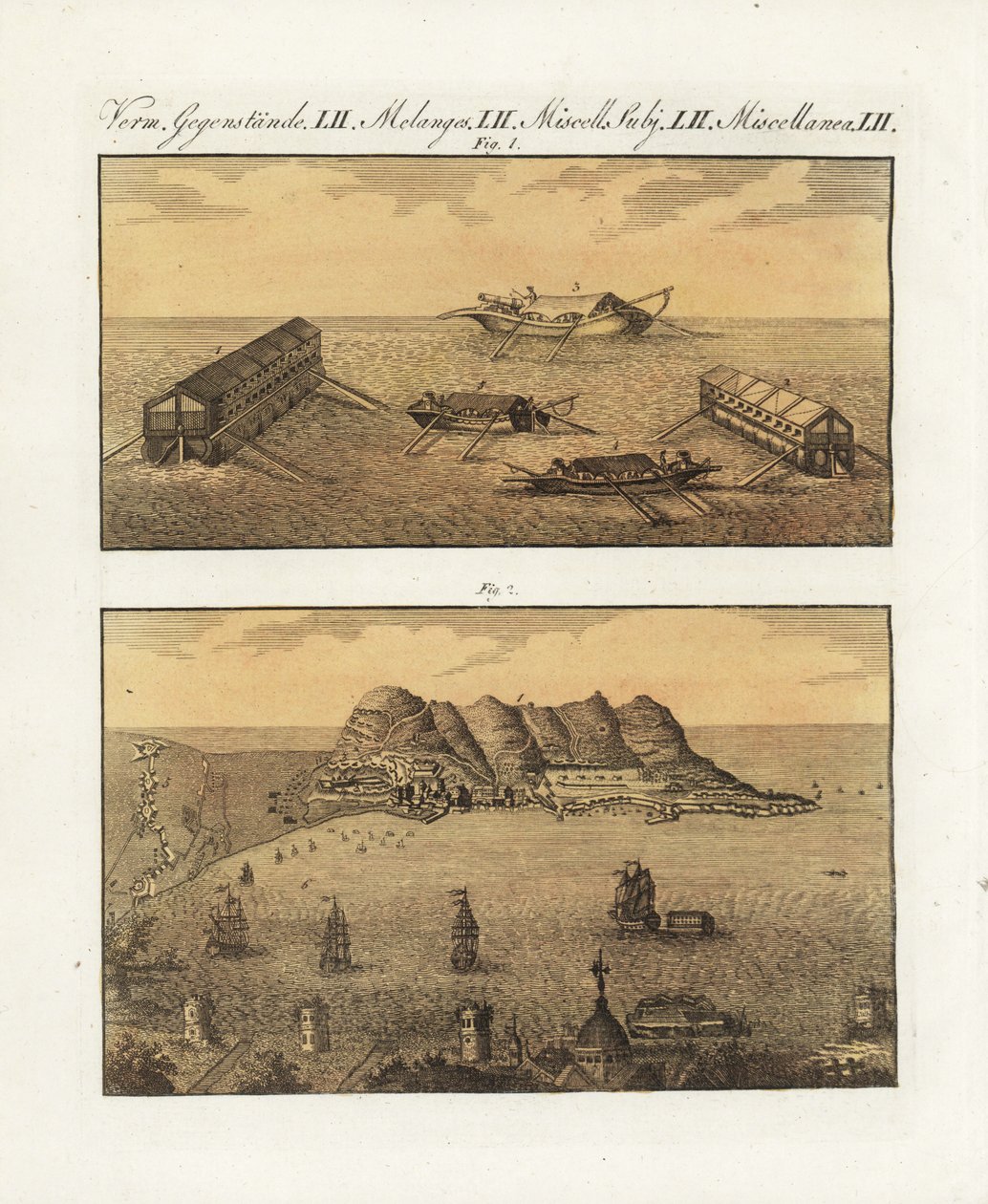 Den brittiska arméns flytande batterier i Gibraltar 1782. En pråm med 210 kanoner på två nivåer och en annan pråm med en nivå som konstruerats av den franske ingenjören Arcon för att bomba staden. Den brittiska flottans flytande batterier i Gibraltar av Unbekannter Künstler