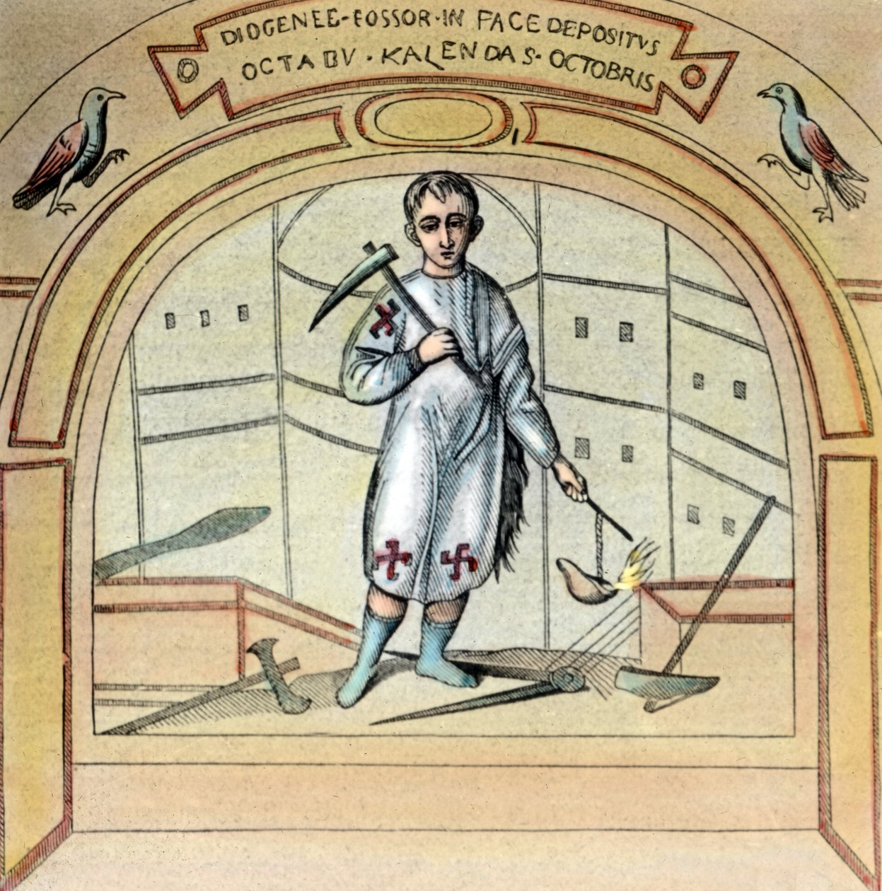 Fossorn eller gravgrävaren Diogenes som en väggmålning vid St Marcellino-kyrkan i Via Labicana i Rom, Italien 1920-talet av Unbekannter Künstler