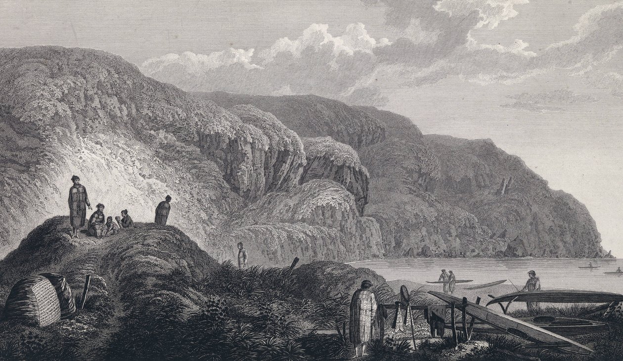 Invånarna i Oonalashka (eller Unalaska, Alaska, USA) och deras hem. Gravyr från slutet av 1700-talet, efter John Webber (1751-1793). av Unbekannter Künstler