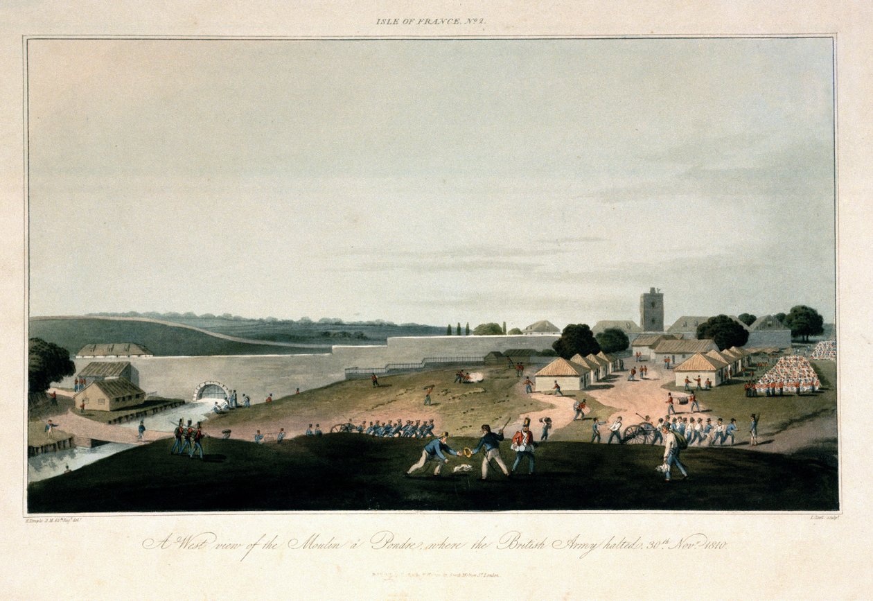 Île de France (Mauritius), västlig vy över kvarnen i Pondre, där den brittiska armén var stationerad den 30 november 1810. Etsning i färger av Unbekannter Künstler