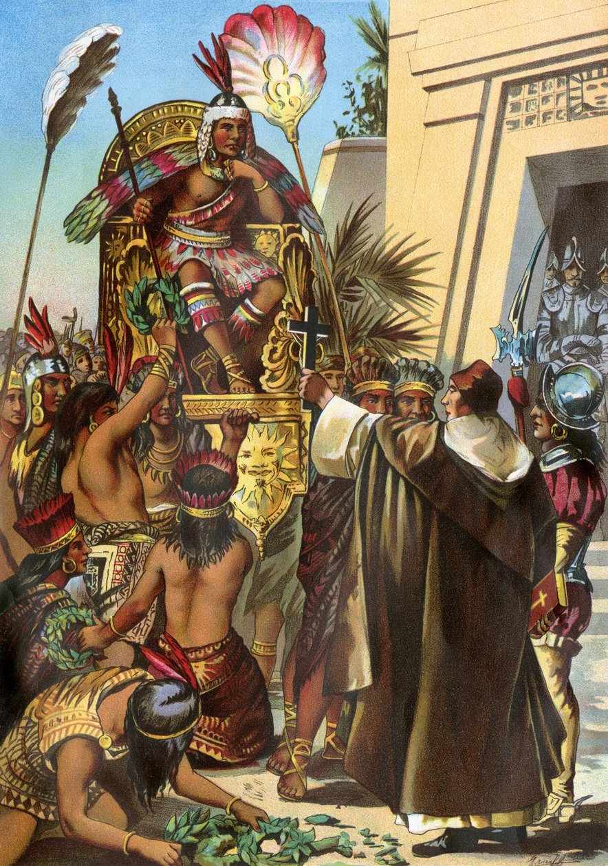 Missionspatern Vicente de Valverde vände sig till kung Inca Atahualpa år 1532 av Unbekannter Künstler