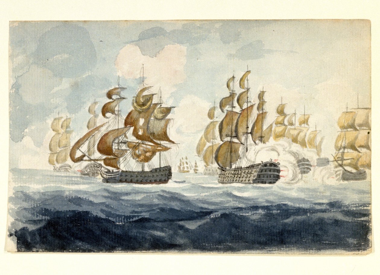 Alexander Hood, Viscount Bridport (1726-1814), utför en flottmanöver utanför Lorients kust (Frankrike) under slaget vid Île de Groix (1795). Akvarell av Unbekannter Künstler