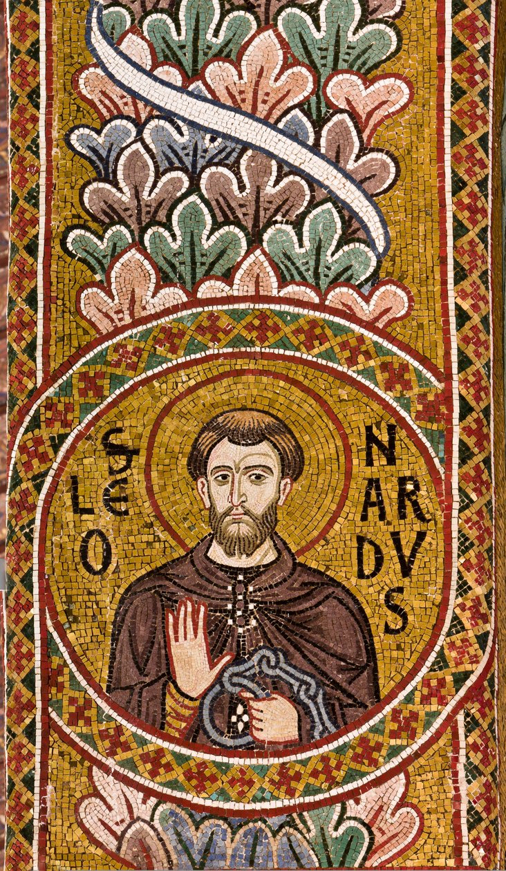 Långhuset, mosaik under en båge: "St. Leonard", XII-talet, Palatinska kapellet, Kungliga palatset eller Palazzo dei Normanni (Normandernas palats), Palermo, Sicilien, Italien (foto) av Unbekannter Künstler