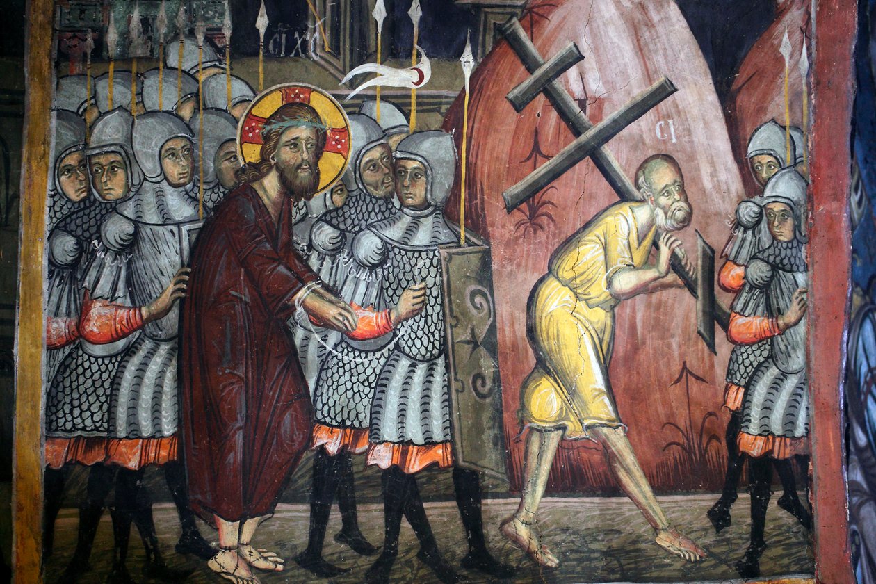 Kristi passion Simon bär korset Bysantinsk fresk från Agios Ioannis Lampadistis kloster, Saint John Lampadistis 1000-talet Cypern Målade kyrkor UNESCO-plats Troodos, Cypern av Unbekannt